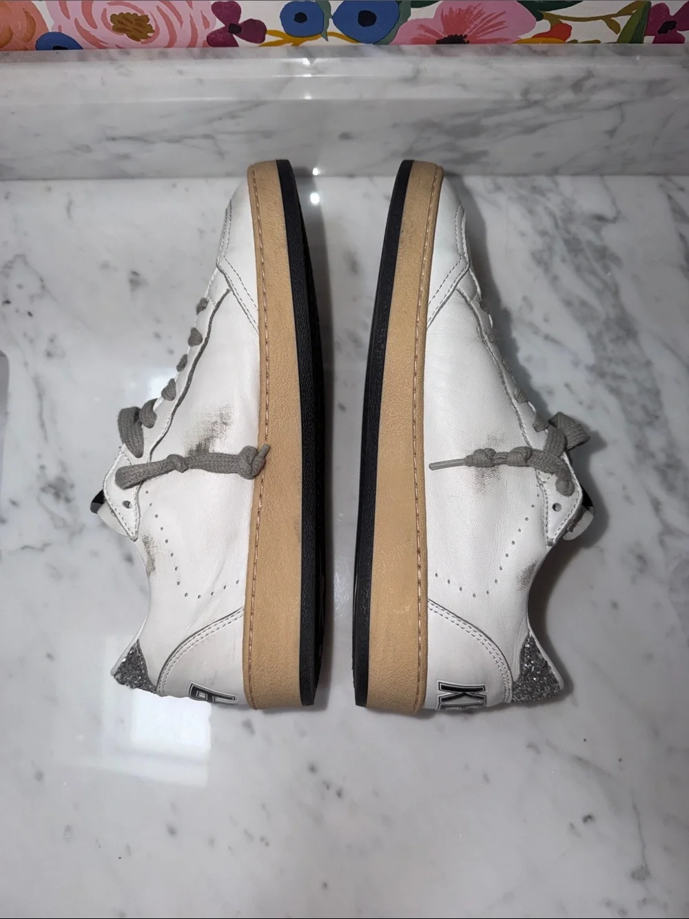 $600 Golden Goose White Leather Sneakers Silver Glitter Star Size 38 BALLSTAR